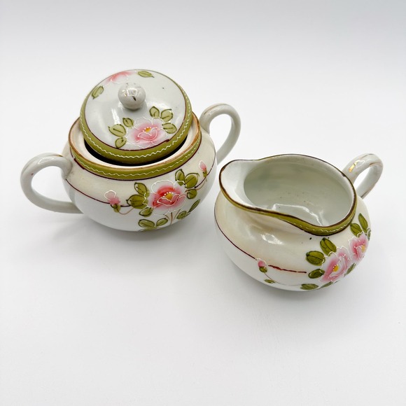 Antique Nippon Hand Painted Cream and Sugar Floral Rose w Moriage Pink Green - Picture 8 of 12